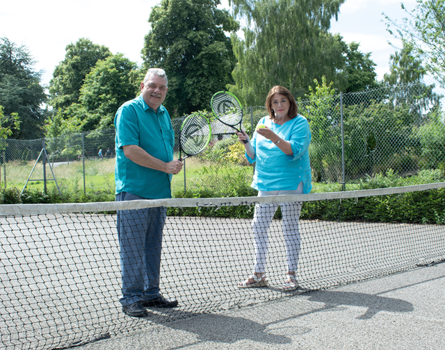 Cllr Neil Sandison and Cllr Maggie O'Rourke at the tennis courts in Caldecott Park.