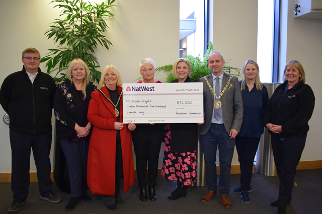(left to right) Rainsbrook Crematorium's Edward Beynon, Cllr Noreen New, Cllr Jo Gilford, Arden Angels Nickie Brightwell and Amanda Barden, the Mayor of Rugby, Cllr Simon Ward, Cllr Claire Edwards and Lorraine Marley, Rugby Borough Council's bereavement services manager.