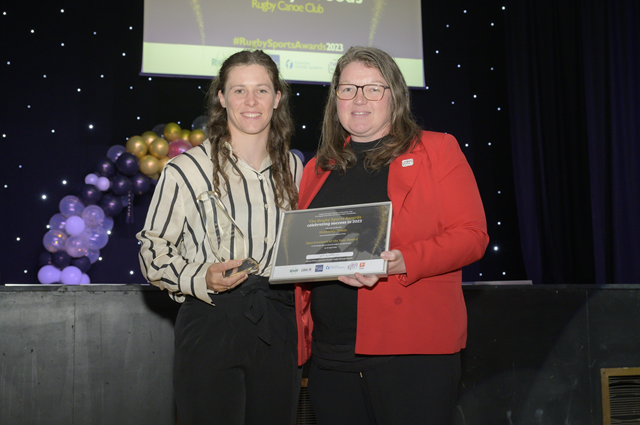 Olympian Kimberley Woods receives the Sportswoman of the Year Award from Vicky Joel, chief executive of Think Active, at last year's Rugby Sports Awards.