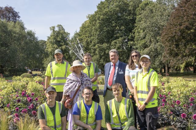 The Heart of England in Bloom judges joined members of the council's grounds maintenance team in Caldecott Park during the tour - (back, left to right) Ryan Chambers (gardener), Heart of England in Bloom judge, Nicola Clarke, David Henderson (gardener), Heart of England in Bloom judge, Joe Hayden, Fern Seagermills (grounds maintenance services manager), Leah Anderson-Howe (green spaces chargehand), (front, left to right) Nigel Mills (gardener), Paul Dawes (grounds maintenance operative) and Owen Green (gardener).